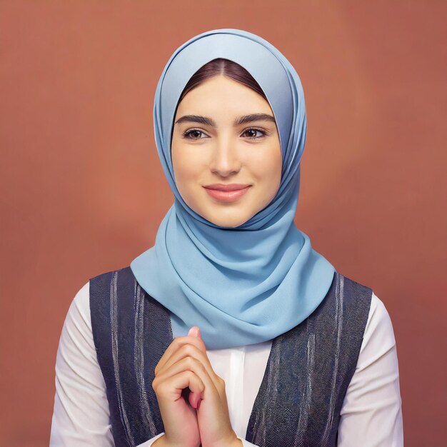 foto donna araba felice con hijab ritratto di donna sorridente che posa sullo sfondo rosso dello studio