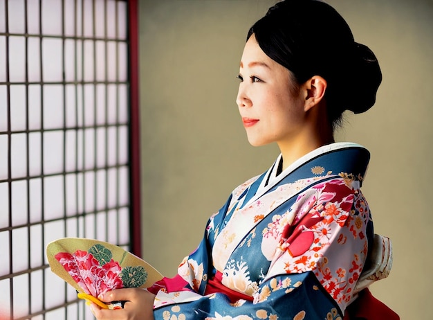 Foto donna asiatica che indossa il kimono tradizionale giapponese