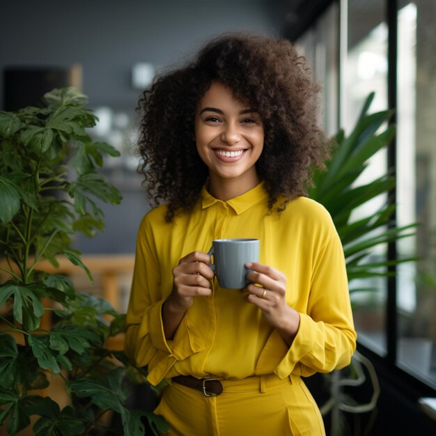 foto donna d'affari sorridente che fa una pausa e si gode una tazza di caffè