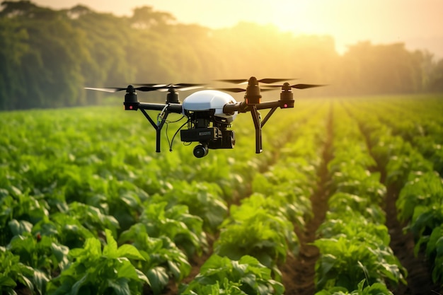 foto drone spruzzatura di fertilizzante su piante verdi vegetali tecnologia agricola automazione agricola