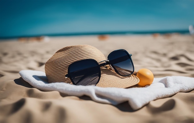 Foto estiva in spiaggia con occhiali da sole e cappello