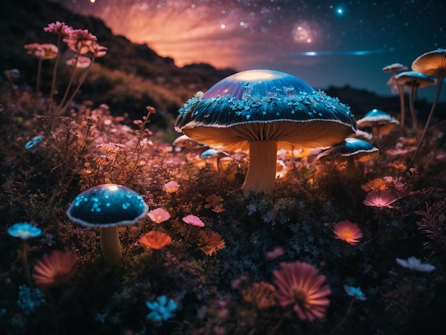 foto fantastico paesaggio forestale del Paese delle Meraviglie con funghi e fiori ai generativo