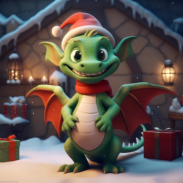 Foto felice bambino drago verde Natale generativo ai