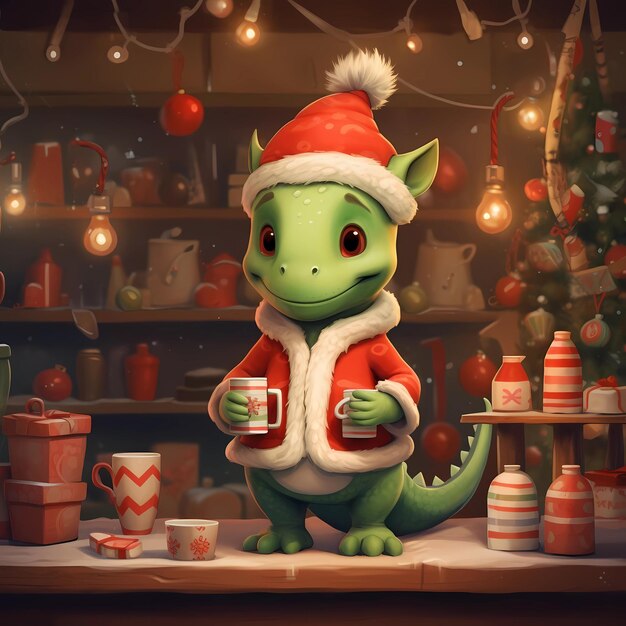 Foto felice bambino drago verde Natale generativo ai