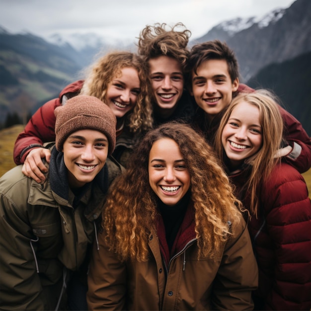 foto felice con gli amici con sfondo di montagna