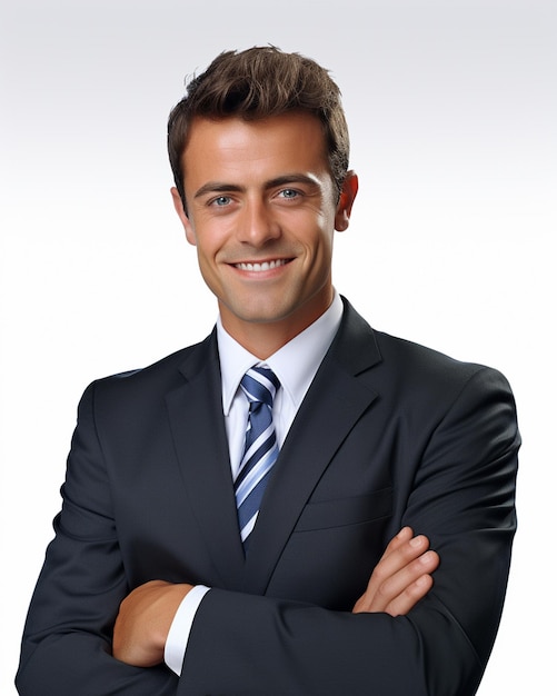 Foto felice uomo d'affari in piedi con le braccia incrociate isolato su sfondo bianco