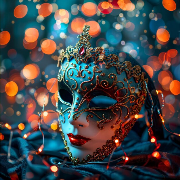 foto festa di carnevale maschera veneziana con luci bokeh sfocate colorate e astratte copia