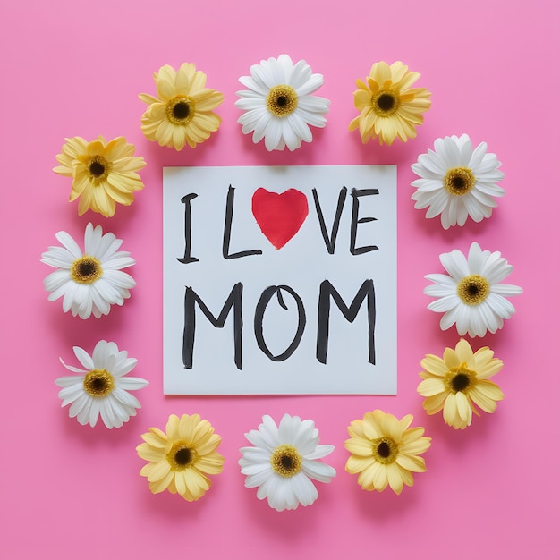 Foto fiori di primavera e nota "I Love Mom" su sfondo rosa per i social media