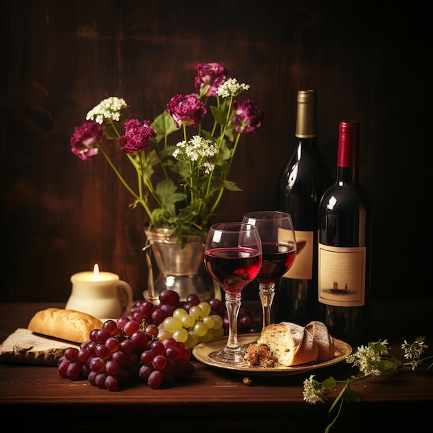 Foto fiori di vino di shabbat sul tavolo della cucina rituale tradizionale ebraico di shabbat shabbat shalom