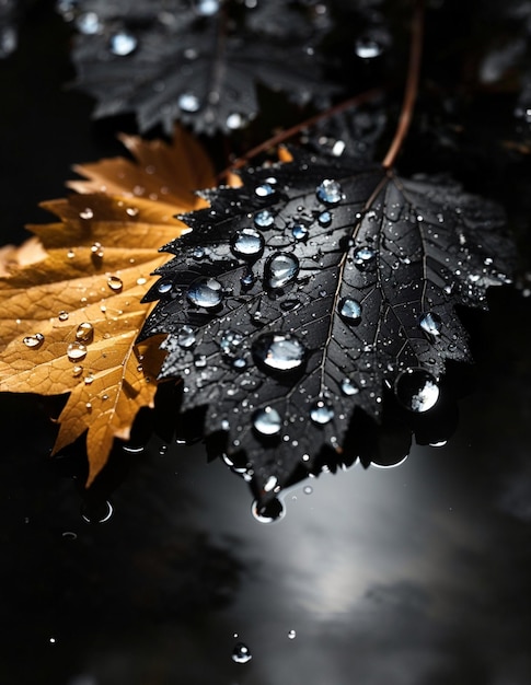 Foto foglia d'autunno in pozzanghera con gocce d'acqua sfondo autunnale