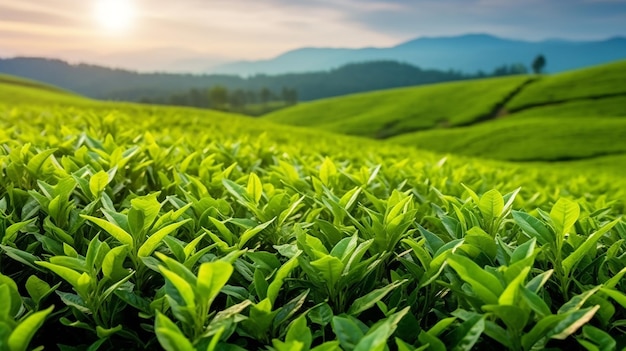 Foto foglie di tè verde germogli di tè piantagioni di tè verde nella natura mattutina con il sole