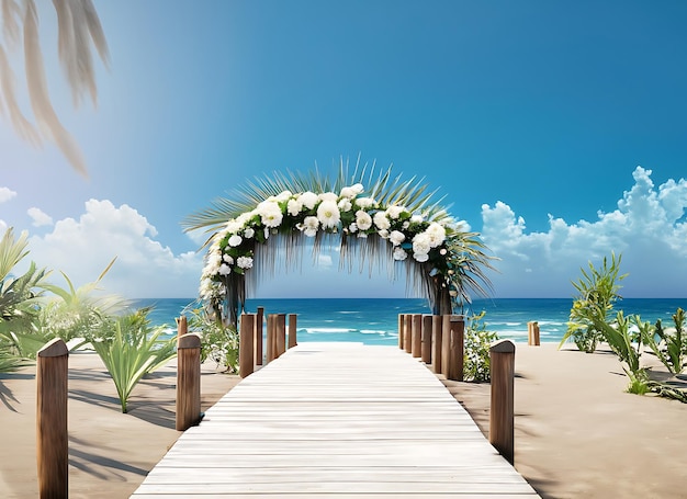 Foto fotorealistica di un sentiero in legno verso la spiaggia Matrimonio floreale con alberi di plam nel cielo blu