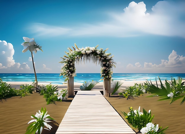 Foto fotorealistica di un sentiero in legno verso la spiaggia Matrimonio floreale con alberi di plam nel cielo blu