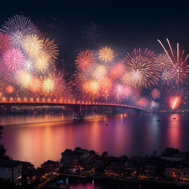 Foto fuochi d'artificio colorati di notte vista della città sullo sfondo per la celebrazione delle vacanze