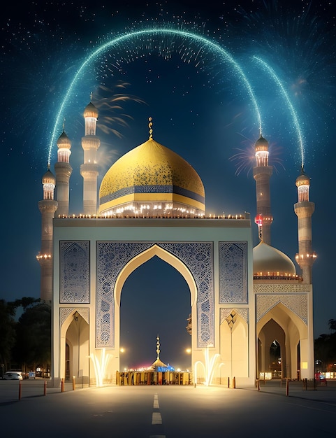 Foto fuochi d'artificio nel cielo con una moschea e una moschea ai