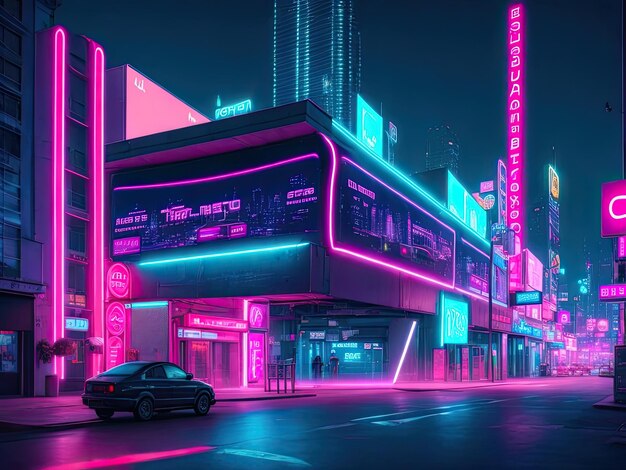 Foto futuristica città al neon con cartellone pubblicitario a stree