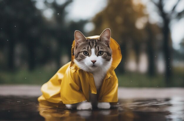 Foto gatto sotto la pioggia con anorak giallo illustrazione di gattino adorabile