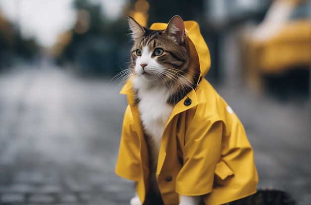 Foto gatto sotto la pioggia con anorak giallo illustrazione di gattino adorabile