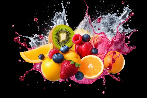 Foto generata dall'intelligenza artificiale di schizzi di frutta colorata su uno sfondo semplice spruzzata di succo