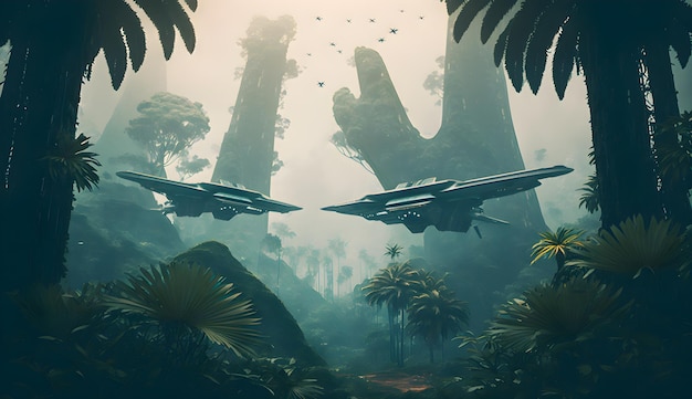 Foto getti futuristici sorvolano la nebbiosa giungla aliena aigenerata generativa ai