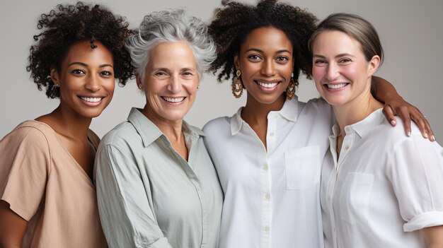 foto gioiose donne caucasiche africane di diverse età in camicie che ridono generate dall'IA