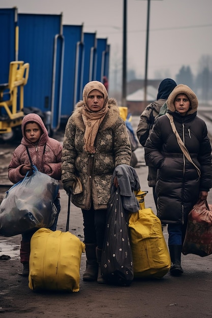 Foto giornalistica di due donne e bambini rifugiati ucraini che portano bagagli in fila per