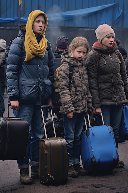 foto giornalistica di due donne e bambini rifugiati ucraini che trasportano bagagli