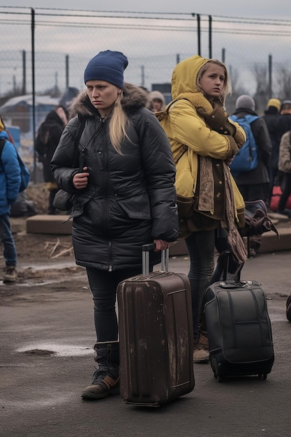 foto giornalistica di due donne e bambini rifugiati ucraini che trasportano bagagli