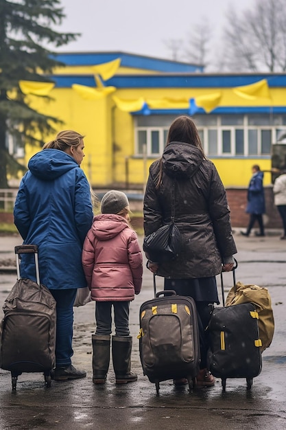 foto giornalistica di due donne e bambini rifugiati ucraini che trasportano bagagli