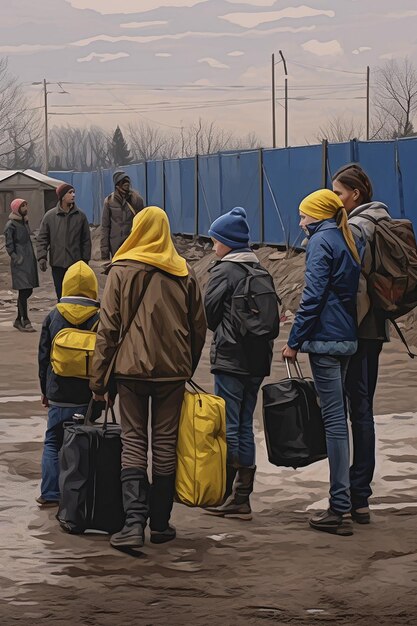 foto giornalistica di due donne e bambini rifugiati ucraini che trasportano bagagli