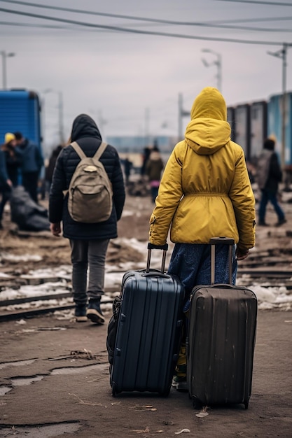 foto giornalistica di due donne e bambini rifugiati ucraini che trasportano bagagli