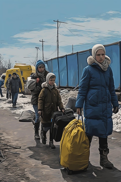foto giornalistica di due donne e bambini rifugiati ucraini che trasportano bagagli