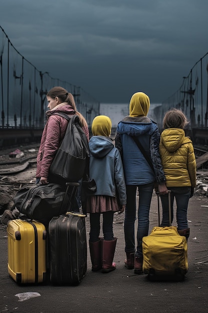 foto giornalistica di due donne e bambini rifugiati ucraini che trasportano bagagli