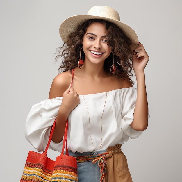 Foto giovane ragazza con borse della spesa e sfondo bianco sorridente