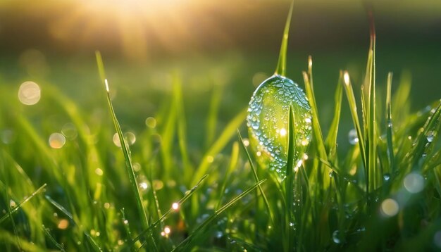 Foto gocce luminose sulla pianta di erba verde in natura