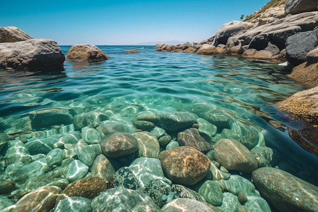 Foto gratis a livello della superficie dell'acqua di rocce e scogli al mare in una fotografia di una giornata di sole