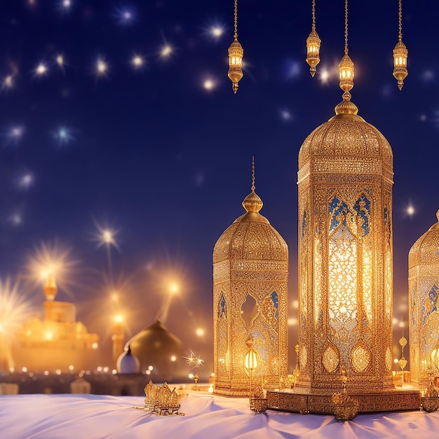 Foto gratis capodanno Ramadan Kareem eid mubarak royal elegante lampada moschea porta santa con fuochi d'artificio