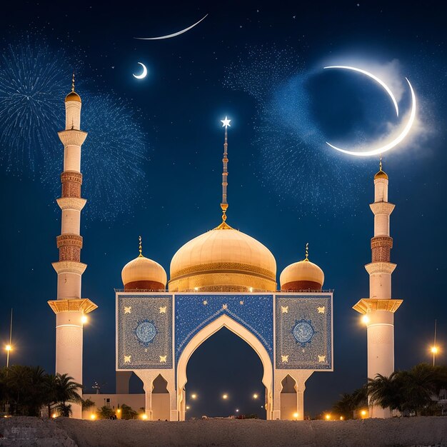 Foto gratis capodanno Ramadan Kareem eid mubarak royal elegante lampada moschea porta santa con fuochi d'artificio