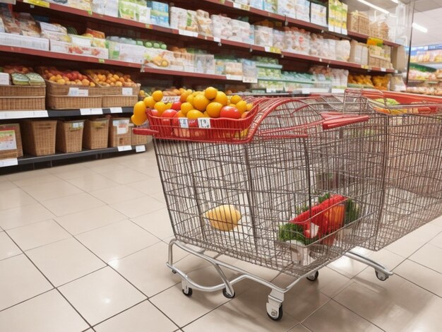 Foto Gratis Carrello della spesa vuoto con sfocatura del corridoio del supermercato e scaffali dei prodotti