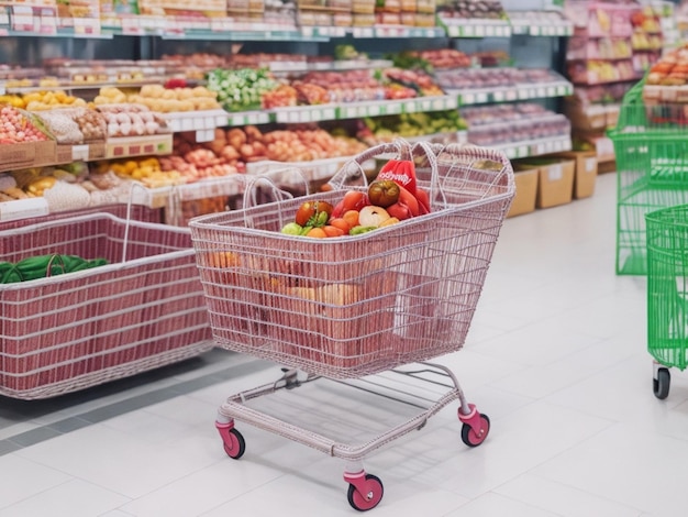 Foto Gratis Carrello della spesa vuoto con sfocatura del corridoio del supermercato e scaffali dei prodotti
