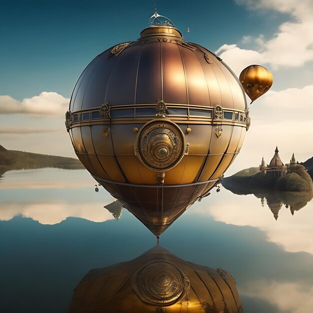 Foto gratis di incredibile pallone steampunk importante che galleggia sopra la superficie dell'acqua generato da ai