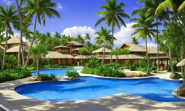 Foto gratis di lettini vicino alle palme e alla piscina in una giornata di sole