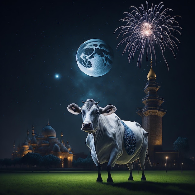 Foto gratis eid ul adha mubarak royal elegante lampada e moschea con paesaggio di fuochi d'artificio
