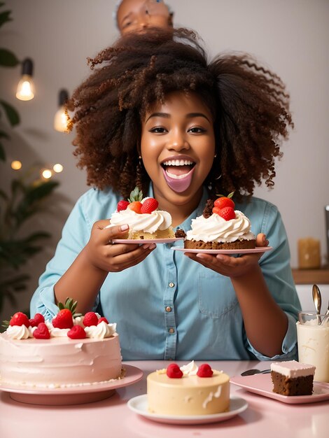 Foto gratis gioiosa donna afroamericana morde una deliziosa torta cremosa con vari gusti di dessert