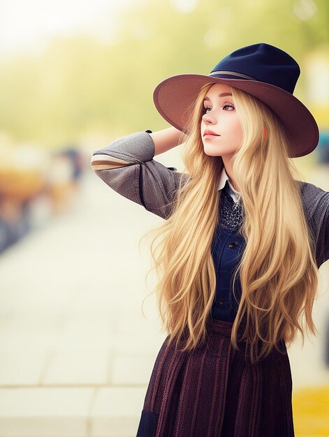 Foto gratis moda all'aperto ritratto positivo di ragazza alla moda pantaloni a vita bassa lunghi capelli biondi cappello vintage