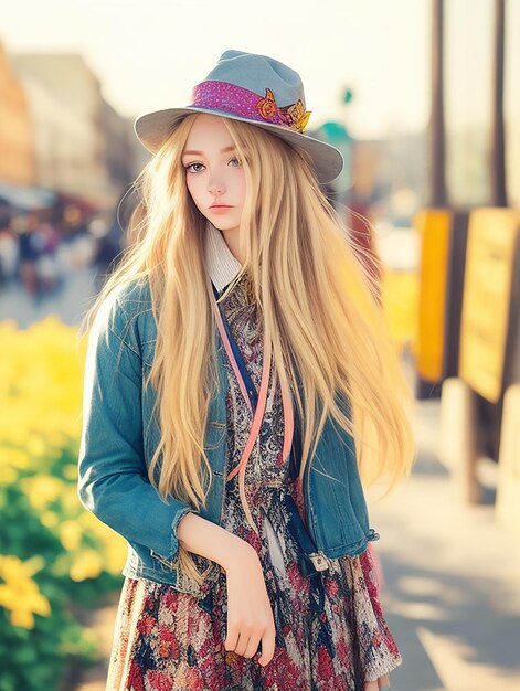 Foto gratis moda all'aperto ritratto positivo di ragazza alla moda pantaloni a vita bassa lunghi capelli biondi cappello vintage