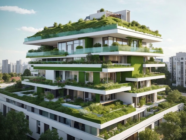 Foto gratis moderno quartiere residenziale con tetto verde e balcone generato da ai