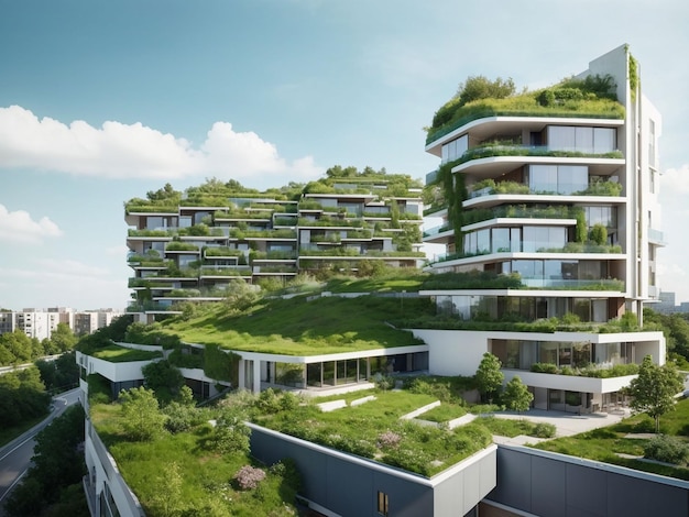 Foto gratis moderno quartiere residenziale con tetto verde e balcone generato da ai