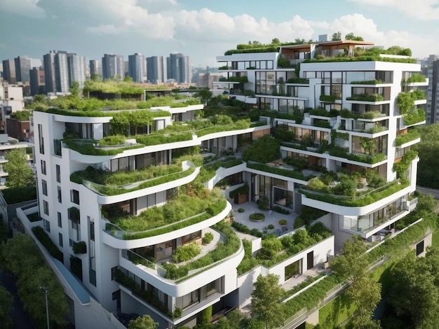 Foto gratis moderno quartiere residenziale con tetto verde e balcone generato da ai