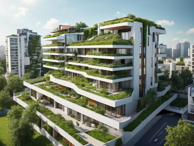 Foto gratis moderno quartiere residenziale con tetto verde e balcone generato da ai